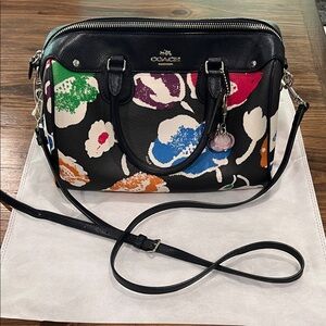 Coach Navy Leather Satchel Bag with Multicolor Floral Design